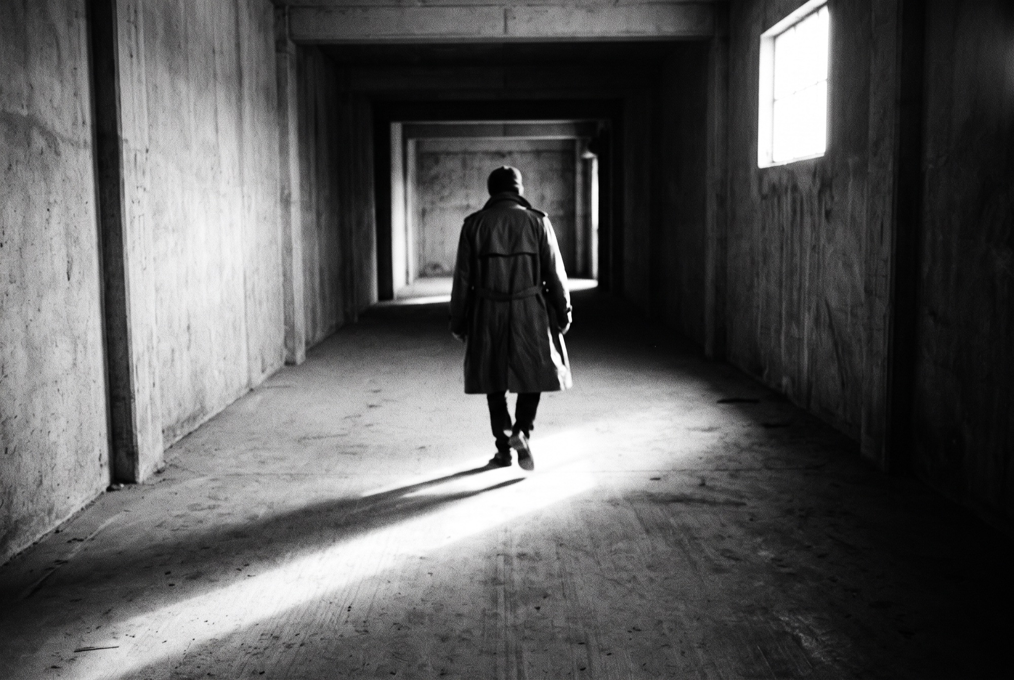A figure walking down a lit concrete corridor